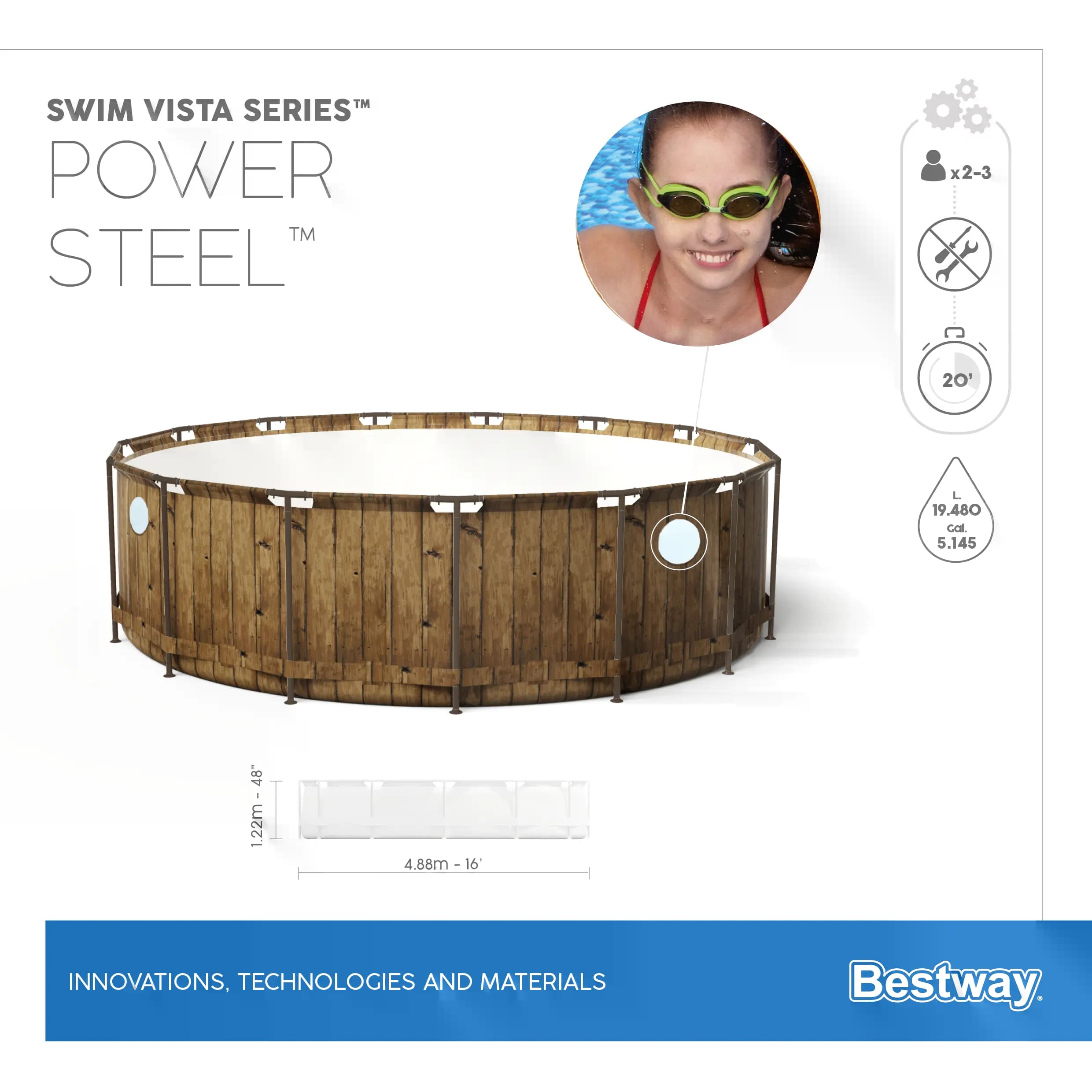 Frame Pool Komplettset Power Steel Swim Vista Series II, rund, Holzoptik, 488 x 122 cm 56725_22 Frame Pool Komplettset Power Steel Swim Vista Series II, rund, Holzoptik, 488 x 122 cm 56725_22