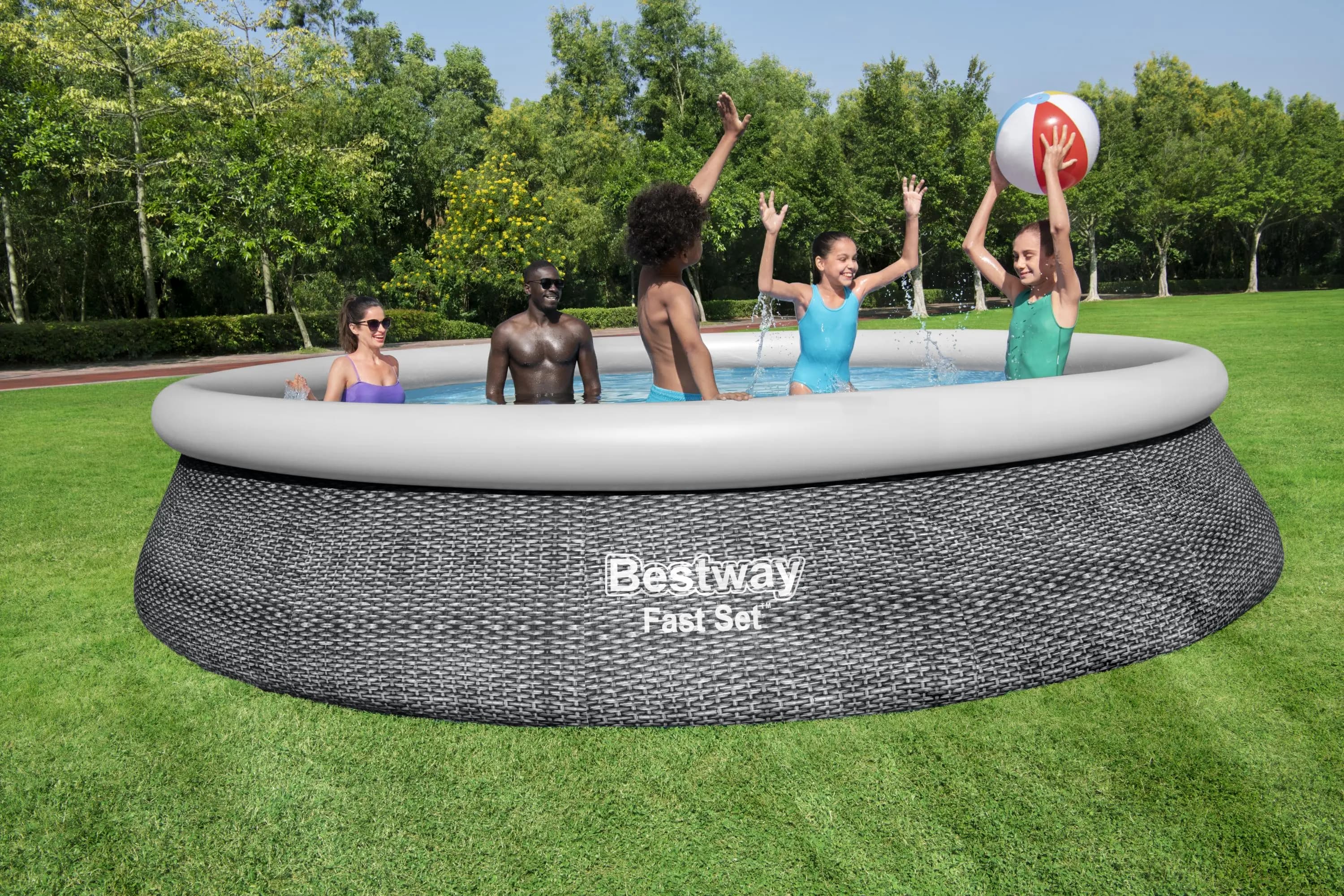 Fast Set™ Aufstellpool-Set mit Filterpumpe Ø 457 x 84 cm, Rattan-Optik (Schiefergrau), rund 57313_22 Fast Set™ Aufstellpool-Set mit Filterpumpe Ø 457 x 84 cm, Rattan-Optik (Schiefergrau), rund 57313_22